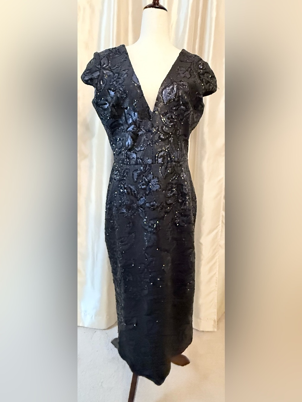 Dress the Population Allison Sequin Midi Dress Black Blue Size Large EUC - Picture 11 of 17